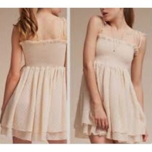 Anthropologie James James Coviello Smocked Beige Mini Dress Ruffles Swiss Dot M